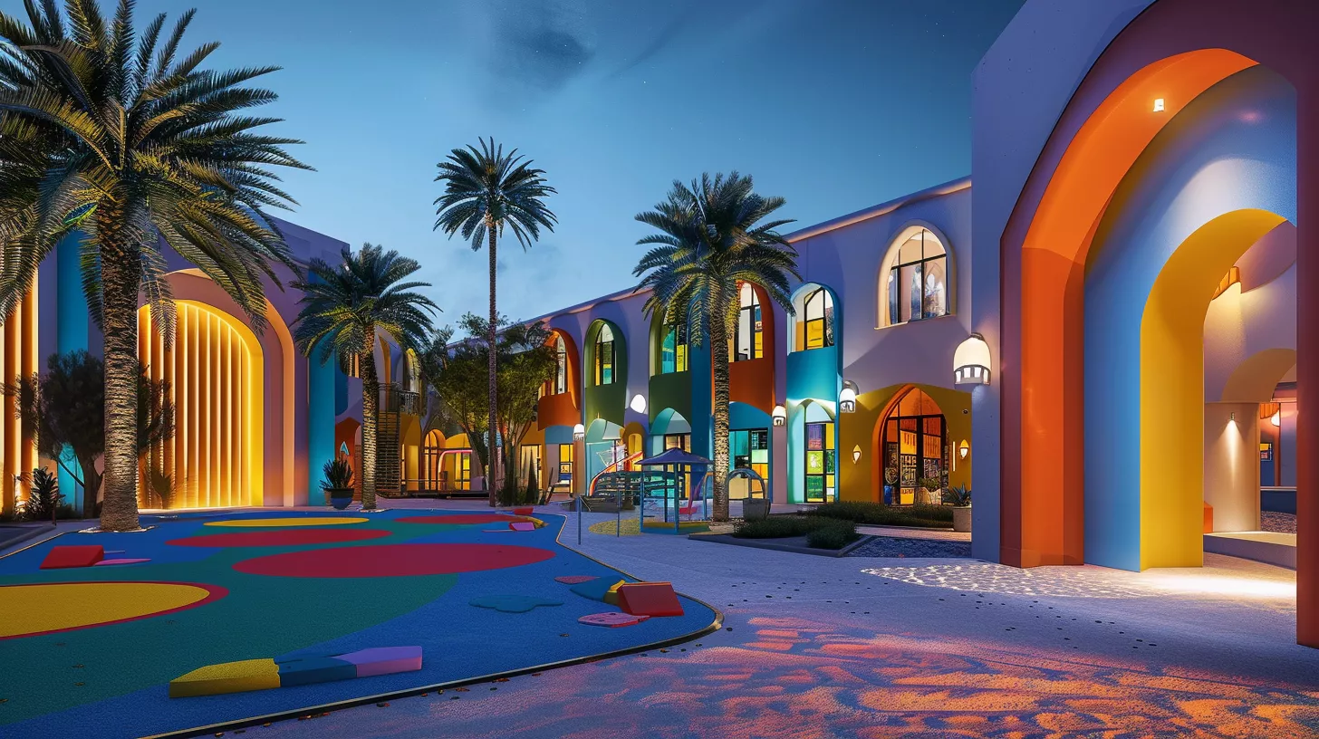 تصميم خارجي لروضة نموذجية بألوان مبهجة